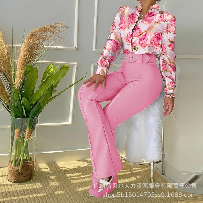 2022 New Casual Women Fashion Floral Print Shirt Pants 2 Piece Set