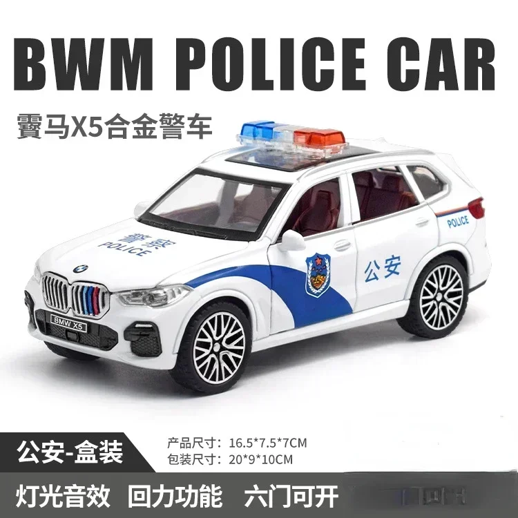 

1/32 BMW X5 Полицейский автомобиль из сплава, литая под давлением масштабная модель игрушки, двери внедорожника, можно открыть, звук, свет, декоративные подарки для мальчиковFa