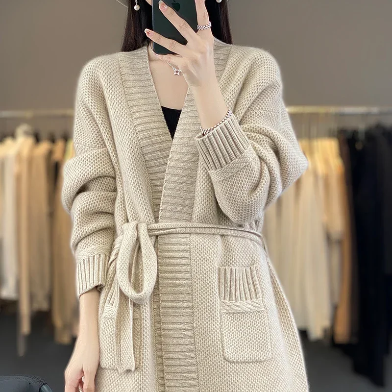 2023 Autumn/Winter Knitted Upscale Women's Cardigan V-neck Wool Sweater Long Coat Slim Fit Women's Long Sleeve Cashmere Swea