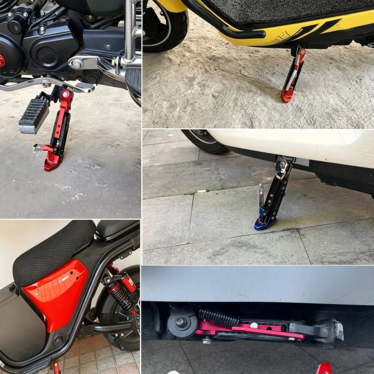4-Color Adjustable Motorcycle Side Stand, CNC Aluminum Alloy Universal Side Stand, 4-Piece Set with Spring Bolts.