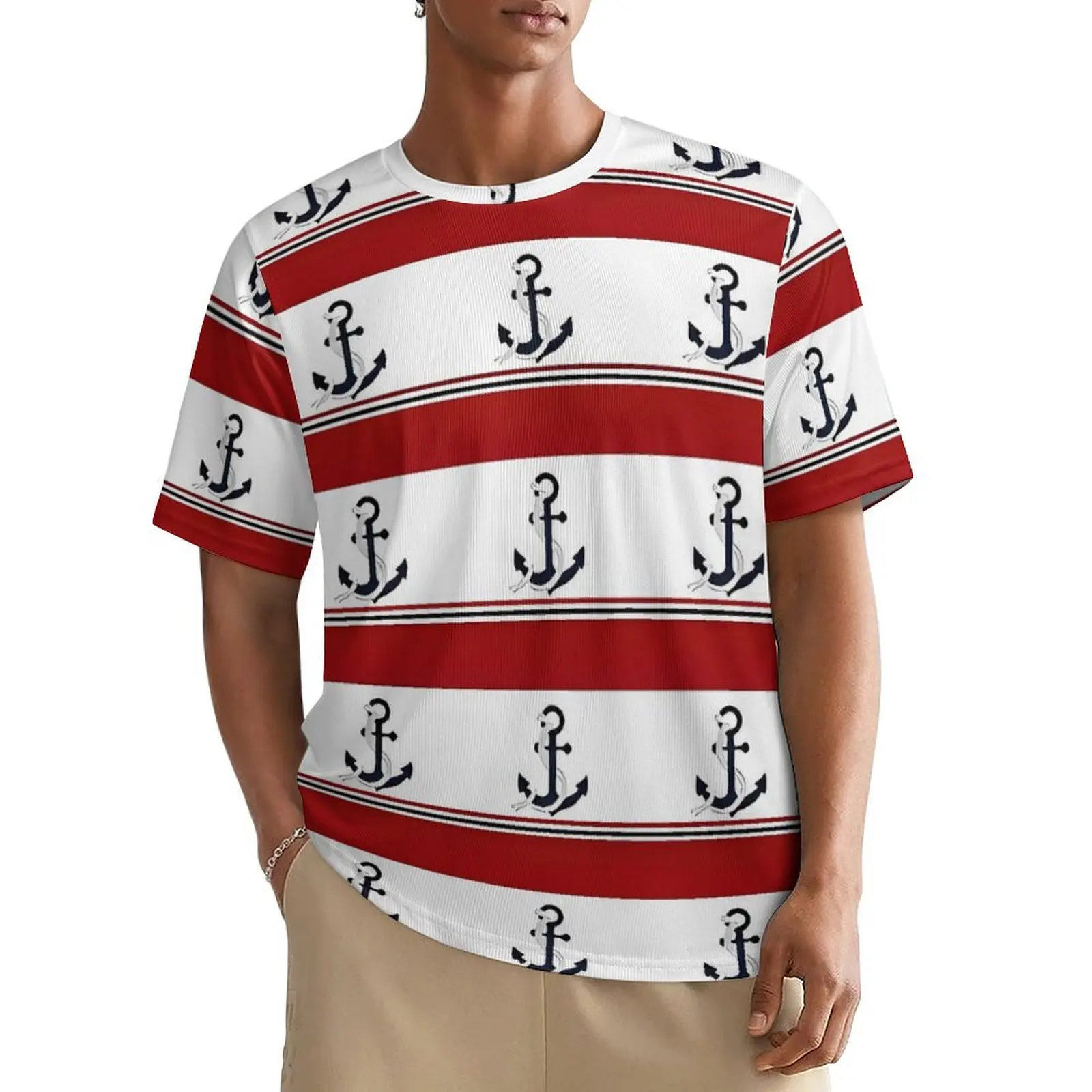 Summer T-Shirt Nautical Anchor T Shirts Red Blue and White Stripes Y2K Casual Cool Tee Shirt For Man Short-Sleeve Oversized Tops