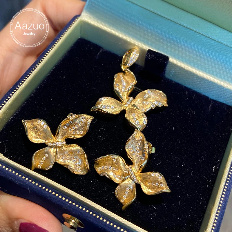 Aazuo Vintage Style 18K Jewelry Set Yellow Gold Real Diamonds Butterfly Earring Pendent Gift For Women Engagement Party Au750