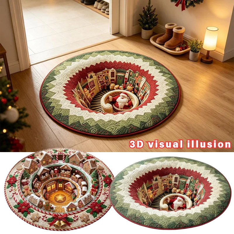 Christmas 3D Illusion Round Floor Rug Gingerbread Village Design Wear-resistant Non‑Slip Mat for Living Room Holiday Decoration