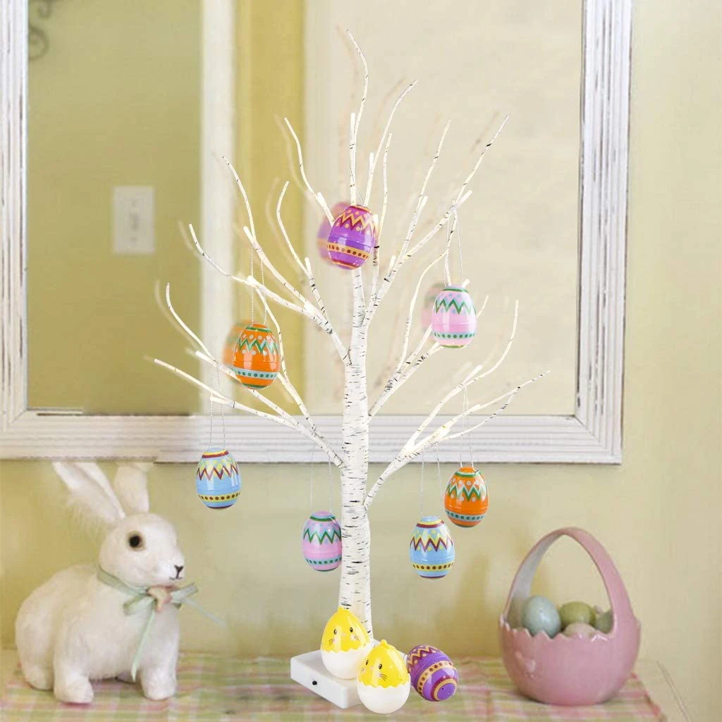 60cm Easter Birch Tree with Led Light Decoration Easter Eggs Hanging Ornaments Happy Easter Party Tabletop Tree Decor Kids Gifts