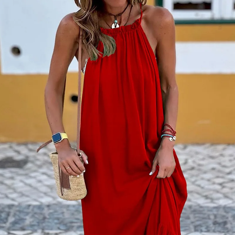 Damesmode Mouwloos Halter Lange Strandjurk Temperament Woon-Werkverkeer Vrouw Losse Casual Bohemian A-Line Jurken