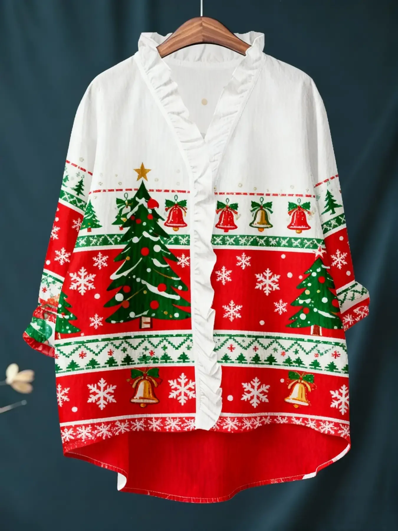 New ladies' Christmas digital printed long sleeved shirt with ruffled collar, Holiday fashion, elegant style,