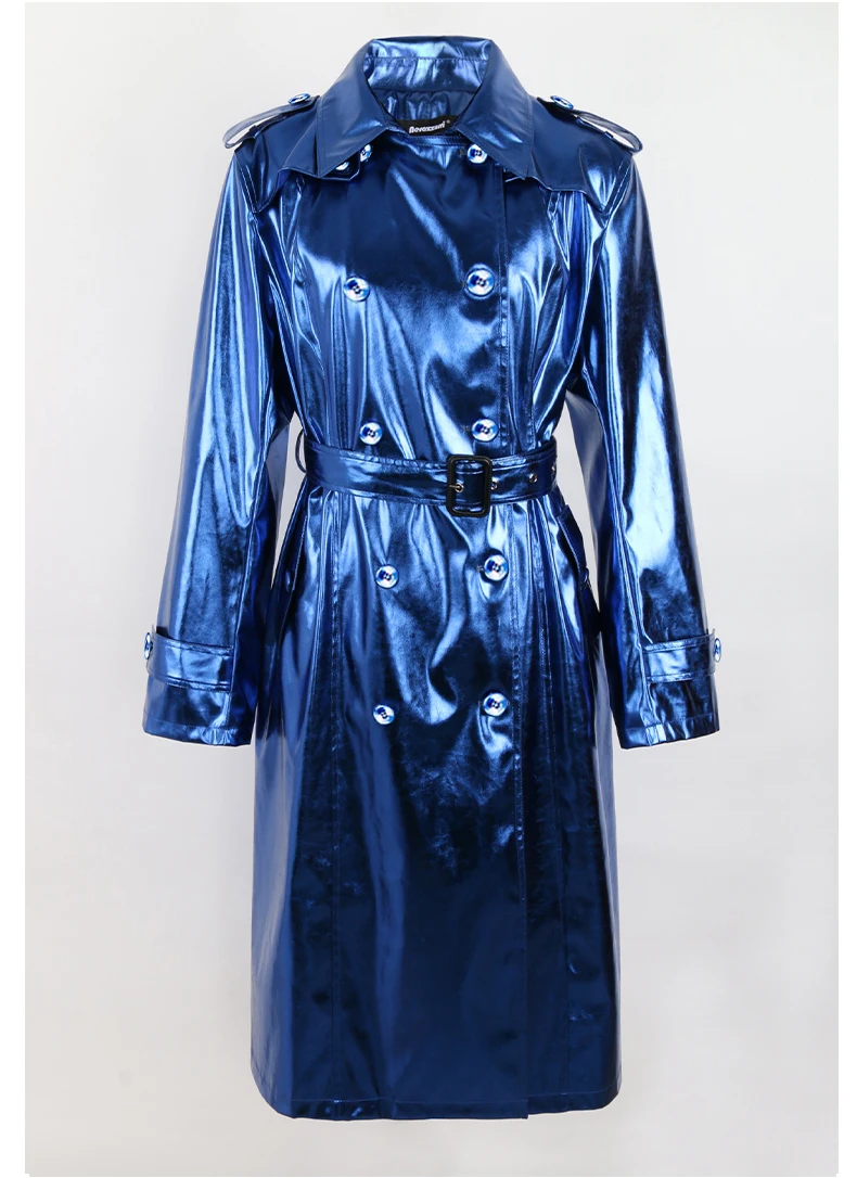 Nerazzurri Spring Autumn Long Shiny Reflective Patent Leather Trench Coat for Women Sashes Double Breasted European Fashion 2022