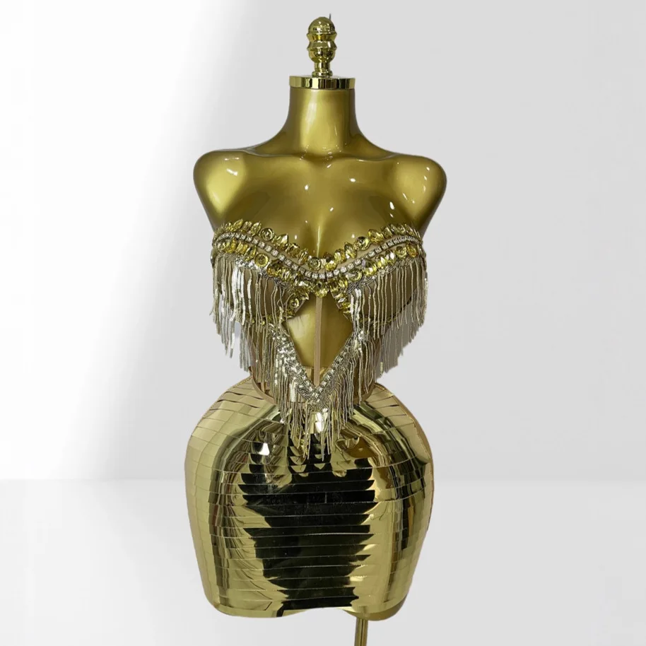 

Золотое платье с бахромой из страз, прозрачное, с эффектом зеркала, модный комплект для вечеринок, выступлений, коктейлей, торжественных мероприятий и вечерних выходов