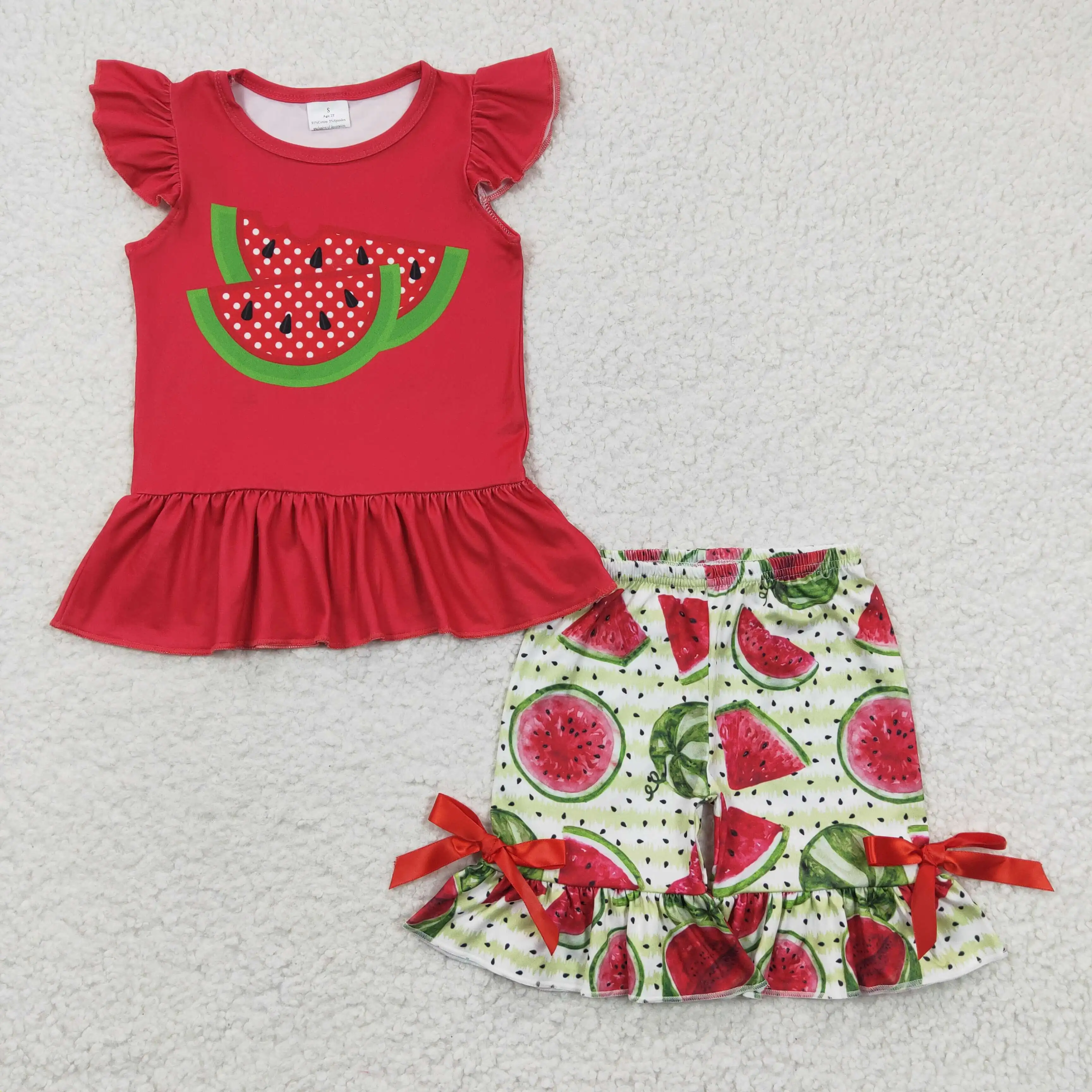 GSSO0191 Baby Girls Clothes Red Watermelon Ruffle Bow Decor Flying Sleeve Shorts Summer Boutique Suit Children Clothing