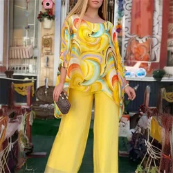 Summer Print Colorful Chiffon Set Two Piece Suit Round Neck Bat Sleeves Irregular Top Wide Leg Pants Women's Casual 2 Piece Set