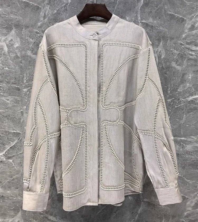 100%Linen Shirts 2025 Spring Designer Fashion Style Women Geometric Patterns Embroidery Long Sleeve Beige Khaki Loose Shirts XL