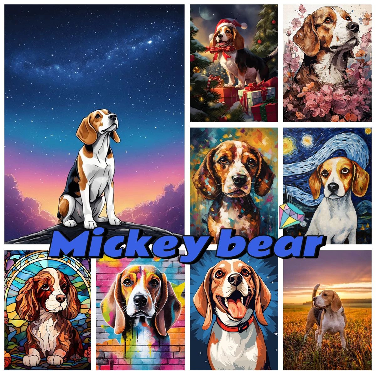 Beagles 5D Diamond Painting Cartoon Pet Dog Portrait Diamond Embroidery Cross Stitch Animals and Flowers Picture Home Wall Decor