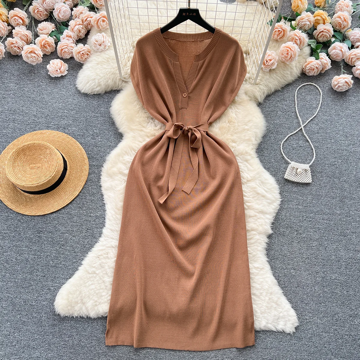 

Croysier Clothes For Women Dresses 2023 Spring Summer V Neck Sleeveless Casual Knitted Dress With Belt Office Elegant Midi Dress