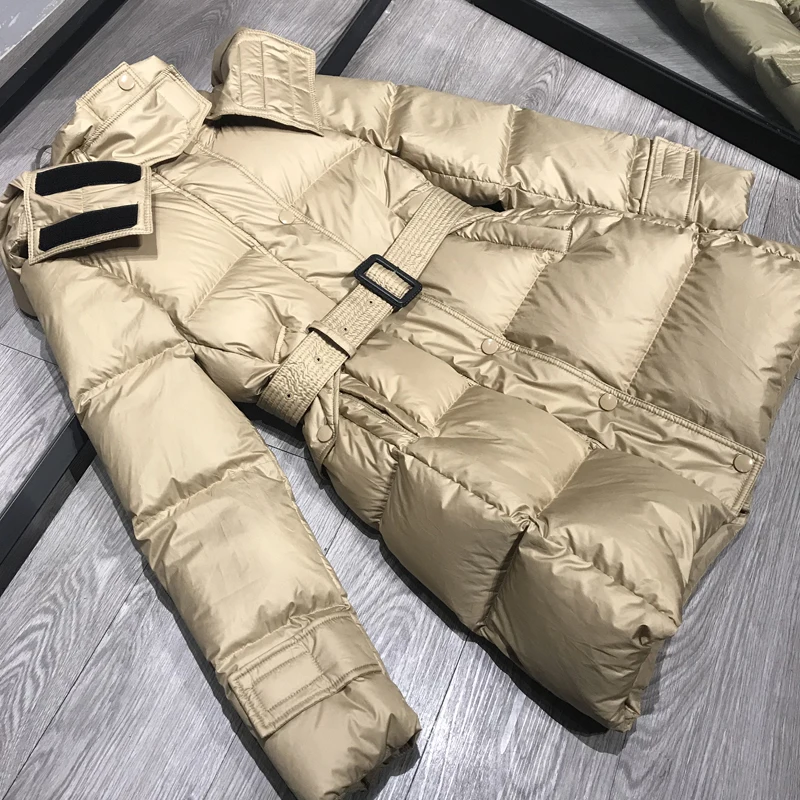 Abrigo de plumón con capucha para mujer, Parka delgada de plumón de pato blanco de longitud media con cinturón, chaqueta gruesa y cálida a prueba de viento para nieve, novedad de invierno 2022