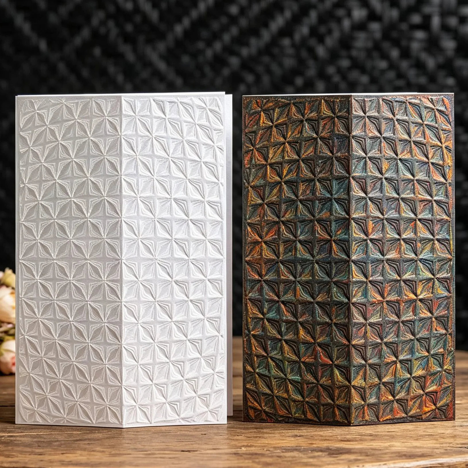 Minimalist geometric star shaped relief embossed board, full page repeated angular star shaped three-dimensional grid pattern, h