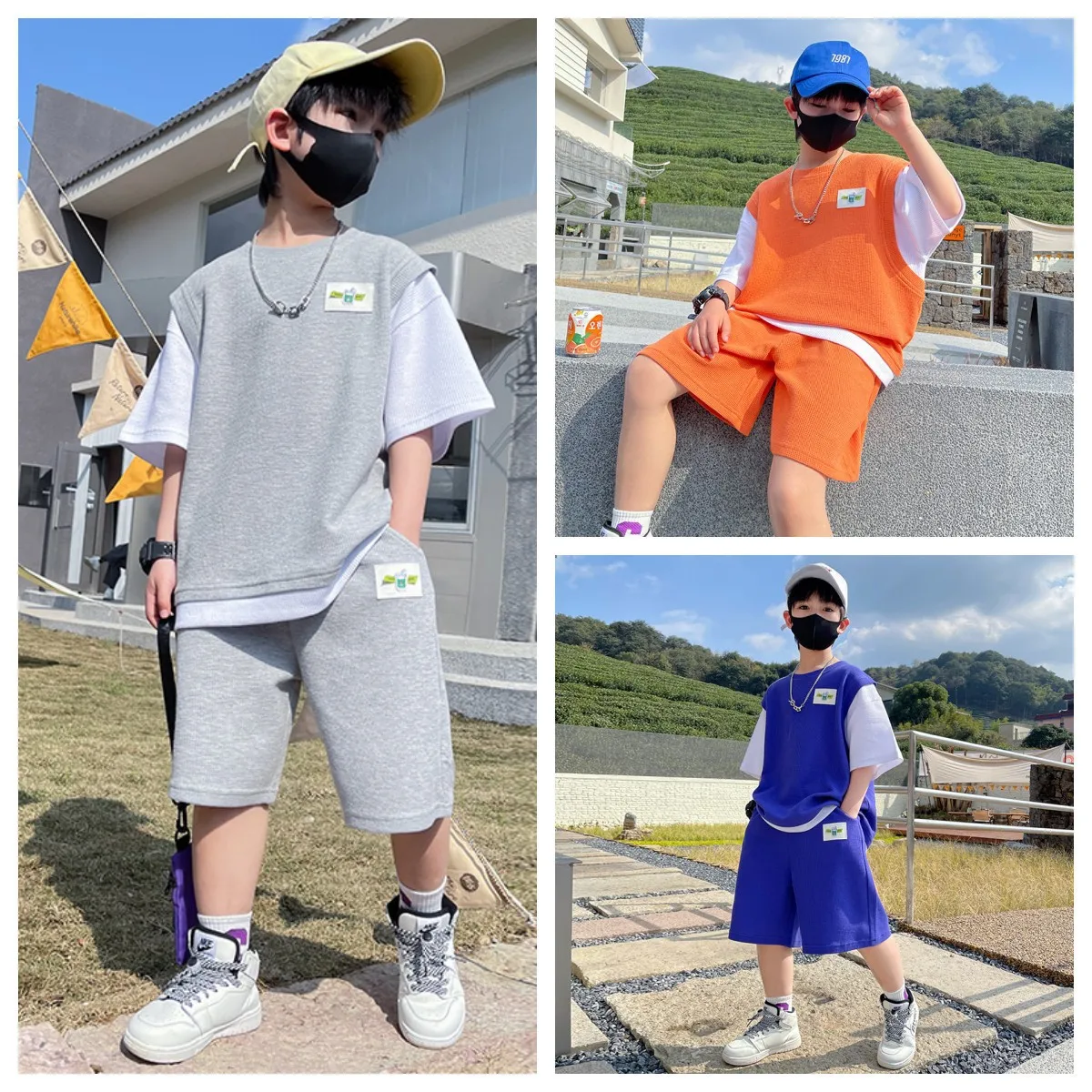 

Summer Baby and Boys Stylish Contrast Patchwork Short Sleeve T-Shirt+Shorts Set School Kid 2PCS Tracksuit Children Outfit 5-16Yr