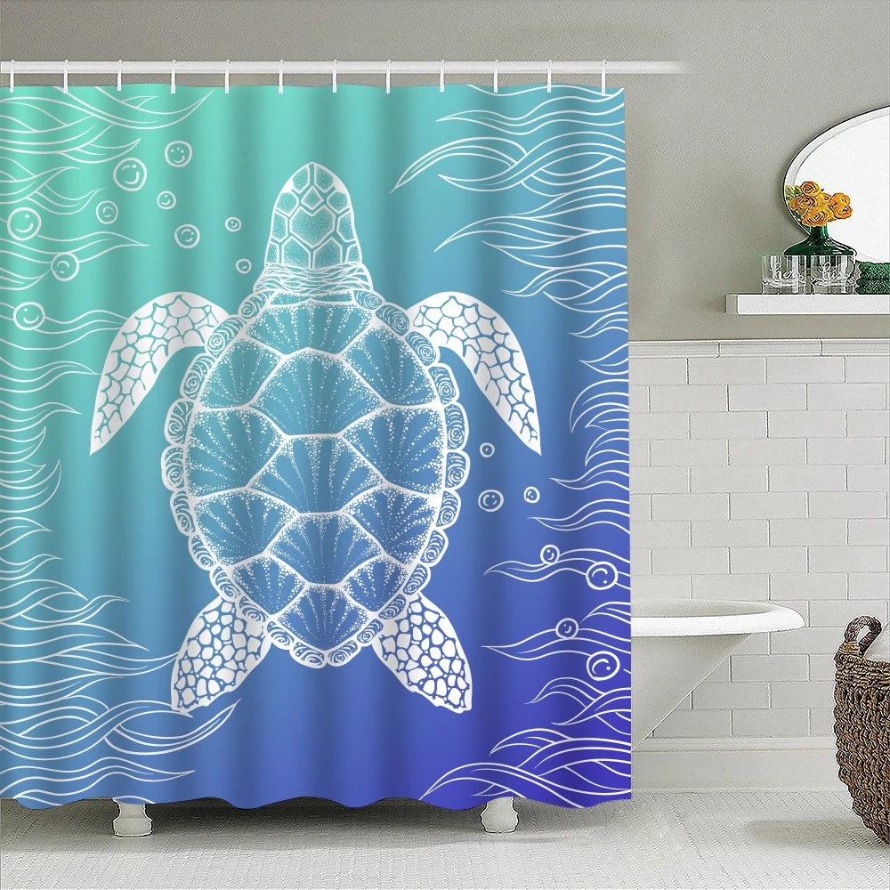 1pc Turtle Bubbles Shower Curtain Bathroom Partition Decorative Curtain Machine Washable Blue Ocean Window Privacy Curtain