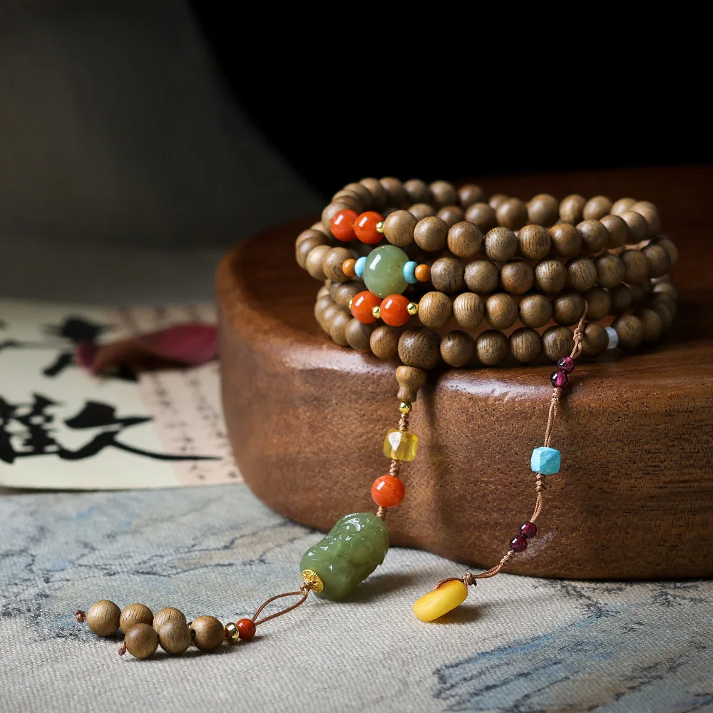 Original Yellow Chinaberry Sinking Wood Multi Loop Bracelet Wenchuan and Tianyu Zakiram Chinese String Beeswax Necklace