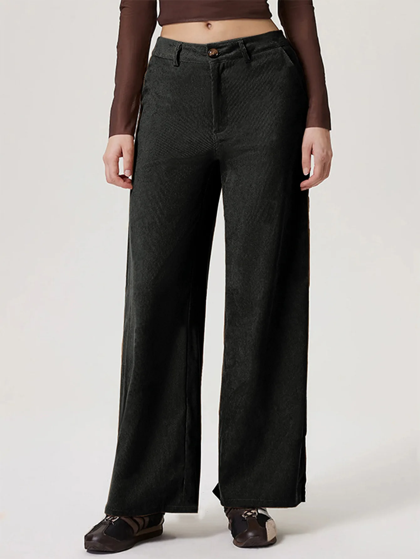 Pantaloni a gamba larga con spacco di fascia alta retrò Pantaloni lunghi in velluto a coste casual larghi da donna Pantaloni in velluto a coste in fibra di poliestere stile street