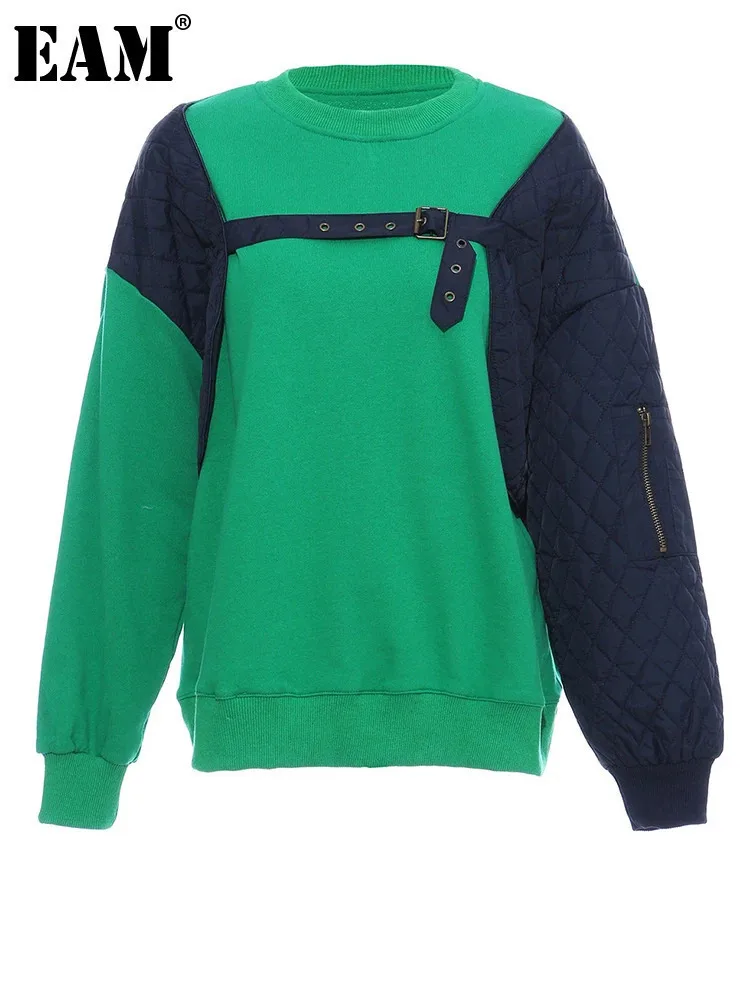 [EAM] Green Color-block Buckle Sweatshirt New Round Neck Long Sleeve Women Big Size Fashion Tide Spring Autumn 2023 1DH5653