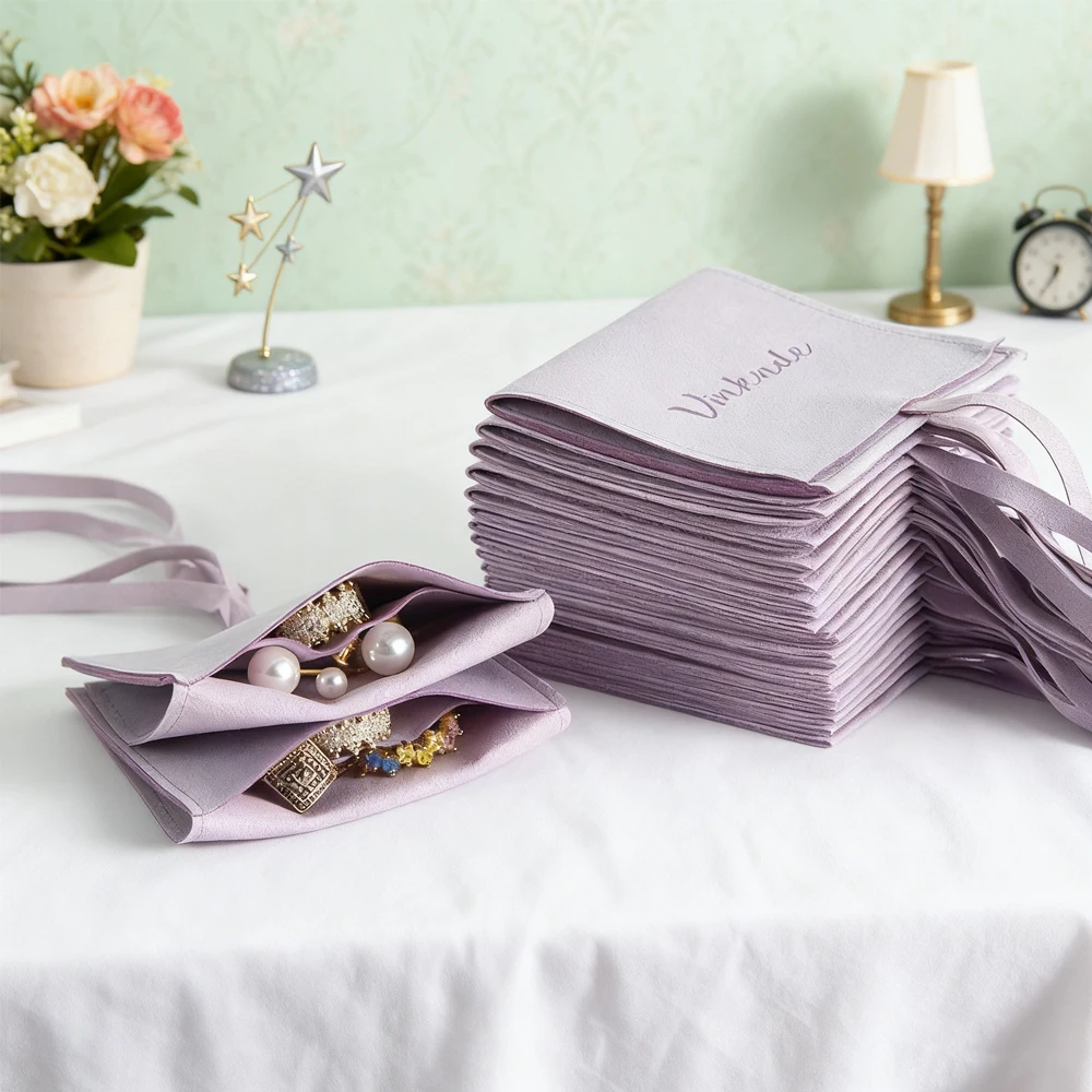 

100pcs/Lot Earrings Jewelry Packaging Pouches WIth Compartment Custom Logo Microfiber Suede Pouch Velvet Wedding Ring Gift Bag