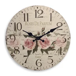 Retro “Roses De Parfum” Pattern Wooden Wall Clock Living Room Bedroom Kitchen Home Decoration Wall Clock Silent Quartz Clock Holiday Gift 10 Inches 12 Inches 14inch 16inch (No Battery)