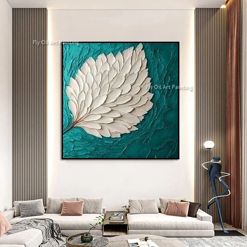 New Simple Pink White Knife Thick Abstract Leave Canvas Wall Art Large Original Green Navy White Oil Painting For Room Decor