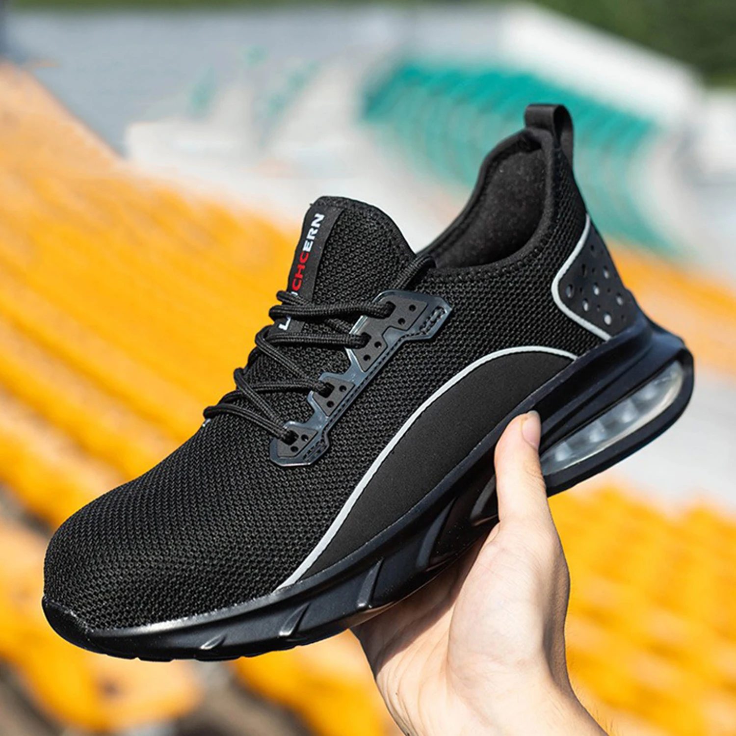 

Новинка 2023 года, мужская защитная обувь из искусственной кожи на воздушной подушке, высокоэластичная обувь со стальным носком, удобная уличная рабочая обувь