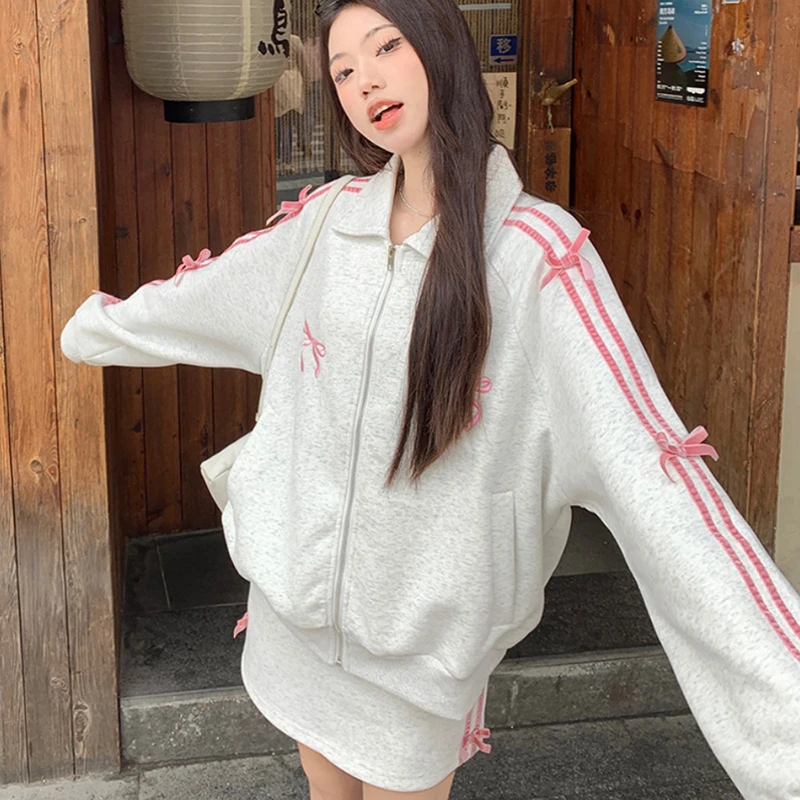 Grey Hoodie Set Women Spring Autumn Bow Embroidery Turn-down Collar Zipper Loose Coats Casual Skirts Chic Sweet Two Piece Set