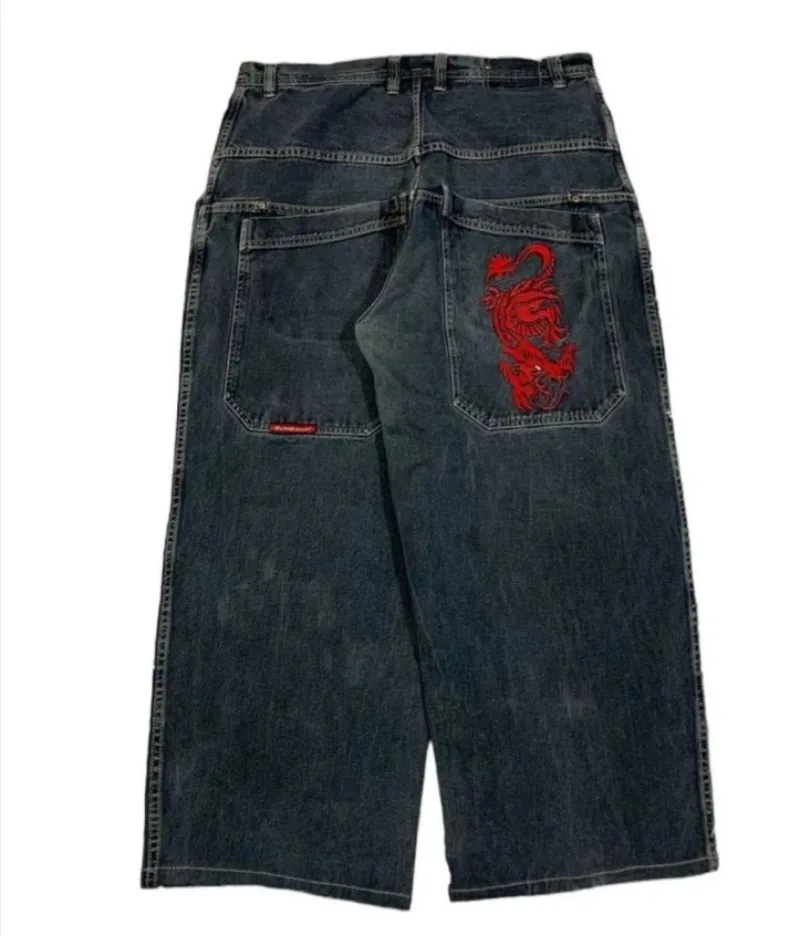 Geborduurde Drakengewassen Jeans Met Rits Splicing American High Street Fashion Merk Retro Niche Losse Rechte Broek