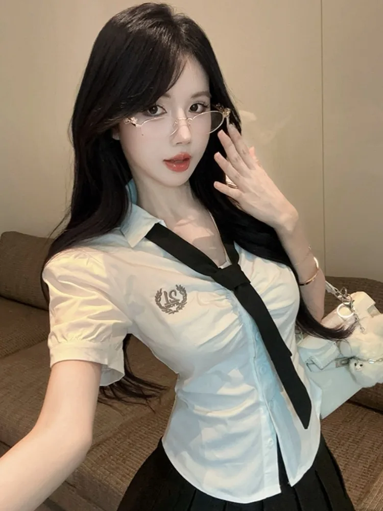 

College Style Pure Desire Short Sleeve Shirt Top Women Spring Summer New Style Spicy Girl Pleated Skirt JK Uniform Set