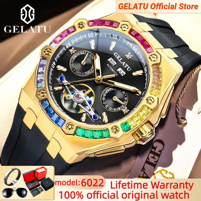 

GELATU 6022 Mens Watch TOP Luxury Wristwatch Silicone Strap Large Dial Waterproof Multifunctional Automatic Mechanical Watches