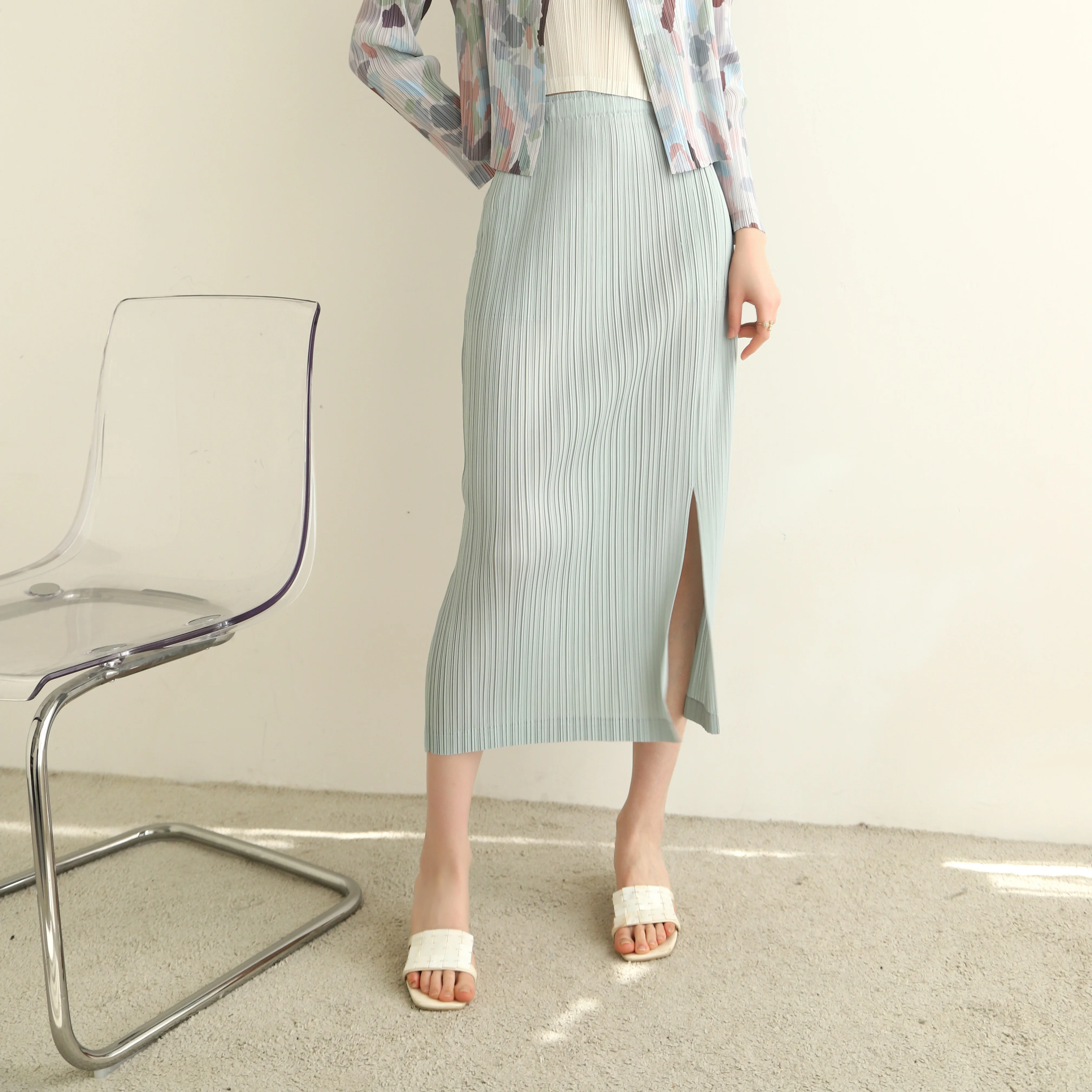 Spring/summer miyake pleated casual fashion versatile temperament commuting front slit skirt