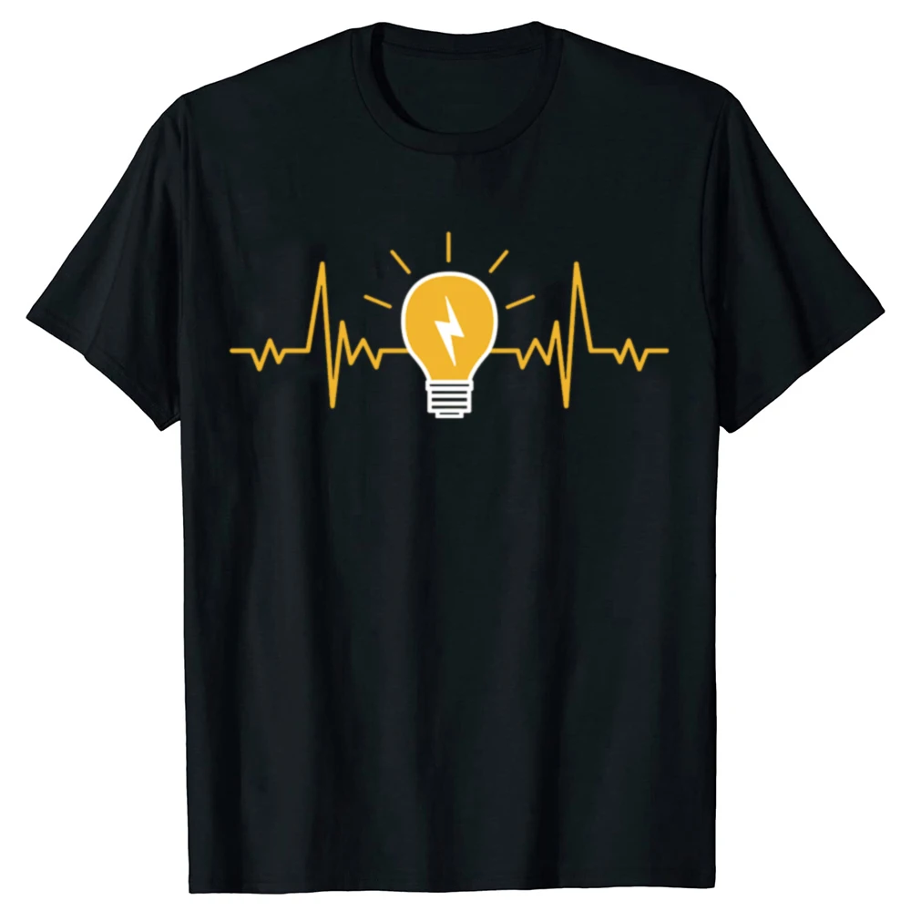 Women's T-shirt with Humorous, Casual, and Stylish Design Featuring A Light Bulb and Heartbeat Pattern Suitable for Electricians