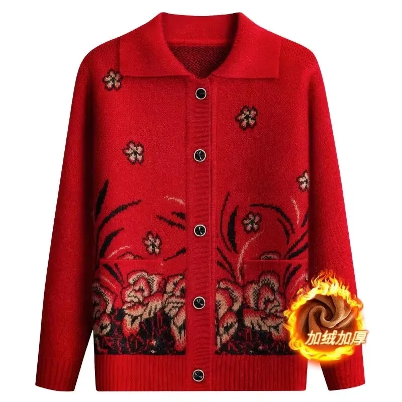 Maglione della nonna anziana 2025 Nuova giacca maglione cardigan lavorato a maglia primavera autunno Aggiungi velluto addensato inverno Maglieria da donna Top