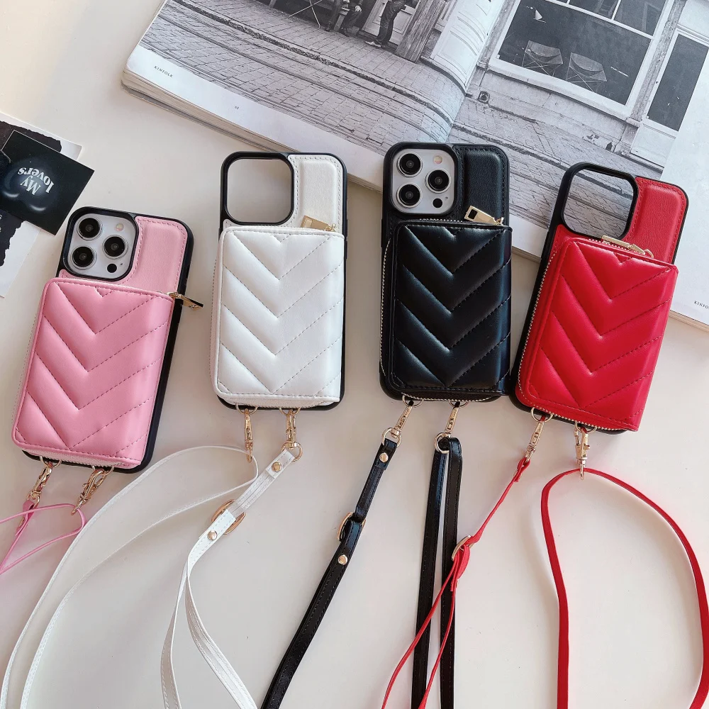 Zipper Lanyard Wallet Cards Bag Leather Case for IPhone 14 Pro Max 15 13 12 11 XR XSMAX 8plus 7PLUS Crossbody Pocket Purse Cover