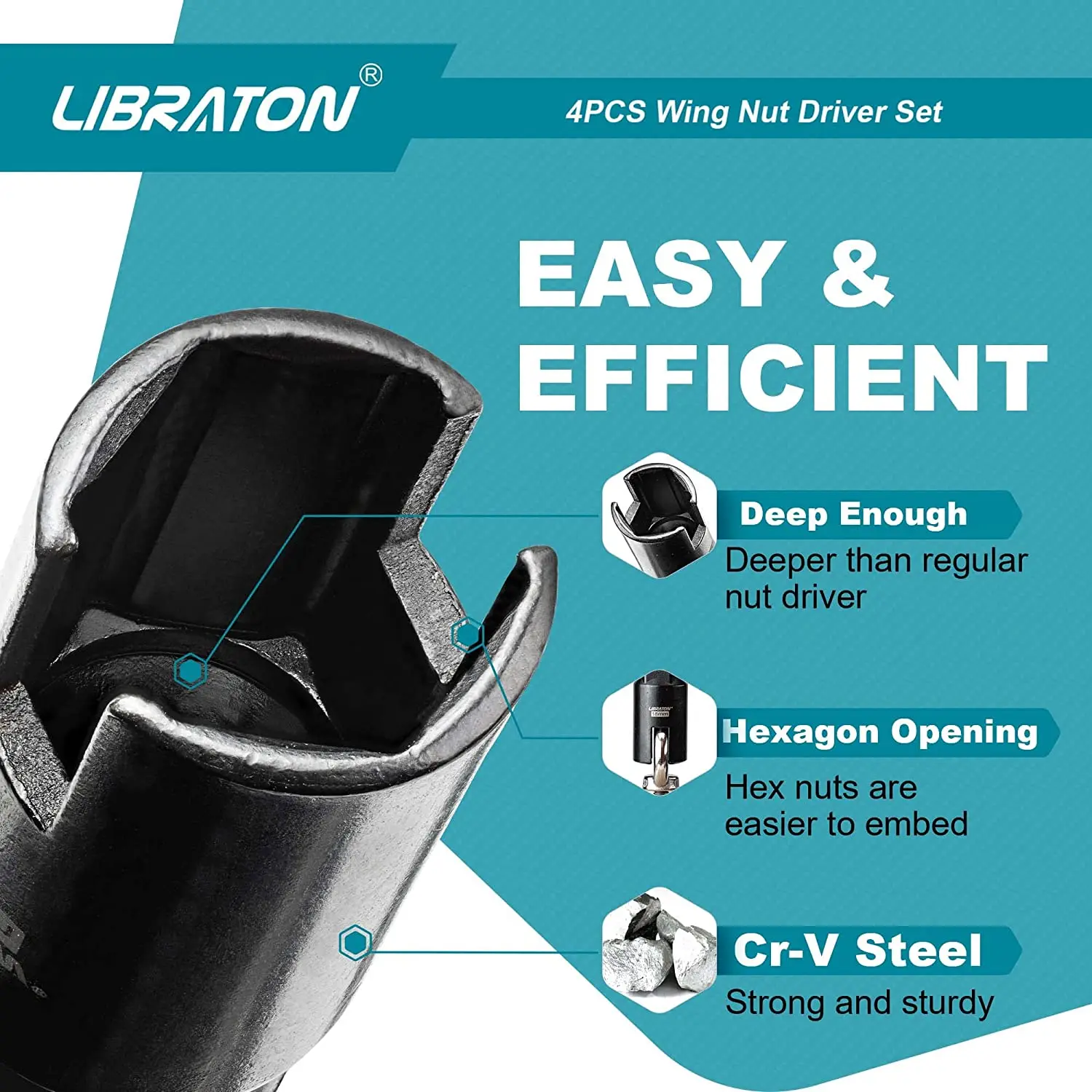 Libraton Wing Nut Driver 4PCS, Wing Nut Driver Bit, 1/4” Hex Shank Wing Nut Driver Set for Hook Bolt Installation, Wire Twisting