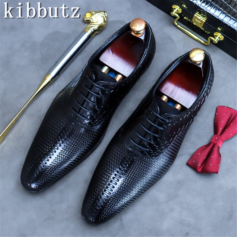 British Style Men Cowhide Business Shoes Retro Snake Pattern Lace Up Luxury Genuine Leather Formal Wear Wedding Shoes