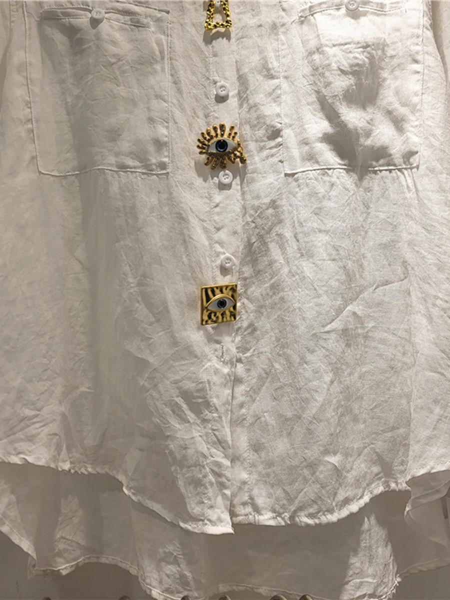 GALCAUR Solid Loose Spliced Single Buttons Blouse for Women Round Neck Long Sleeves Patchwork Pockets Elegant Top Female Style