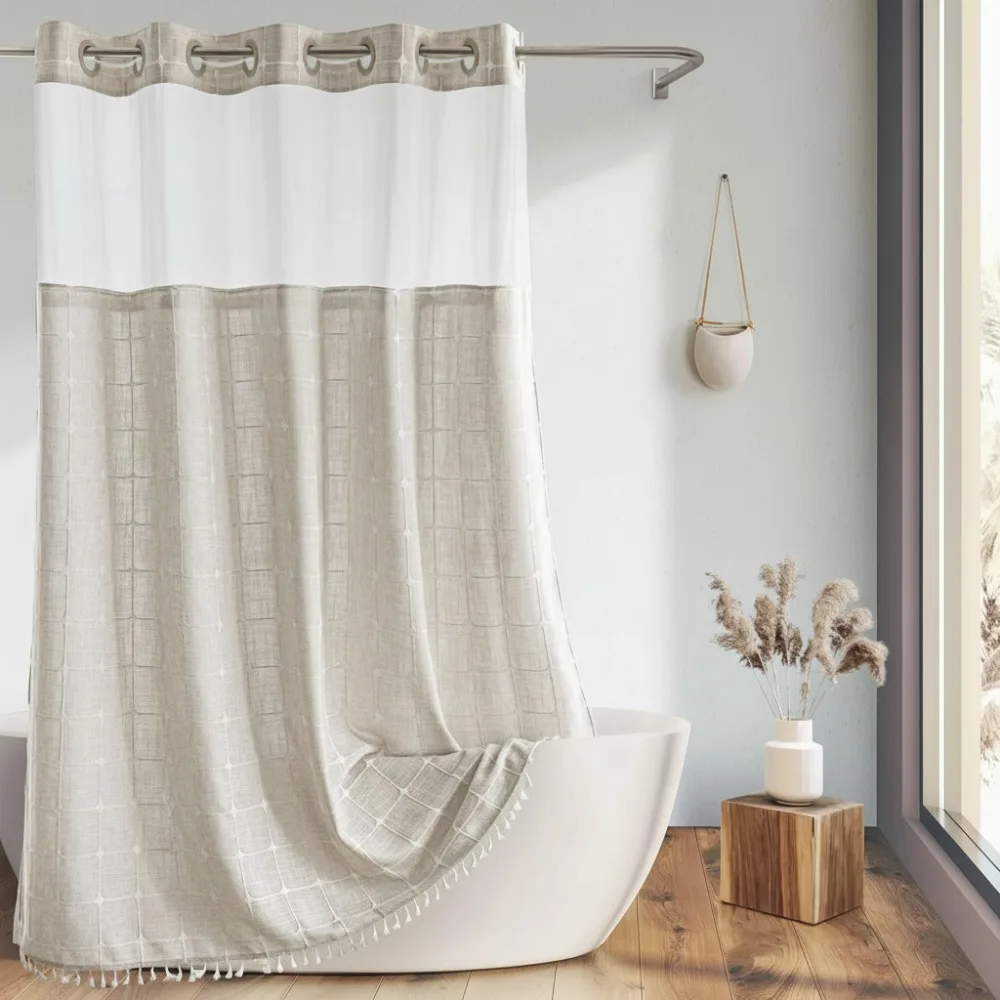 

Extra Long Shower Curtain with Snap-in Liner, No Hooks Needed, Magnetic Seals & Tassels, Water Repellent, 71x86 Inch