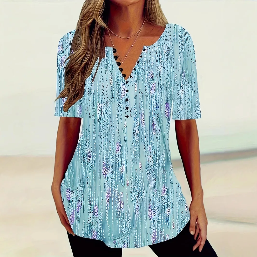 New Women's Gradient Fashion Commuter V-Neck Button Short Sleeve T-Shirt Top