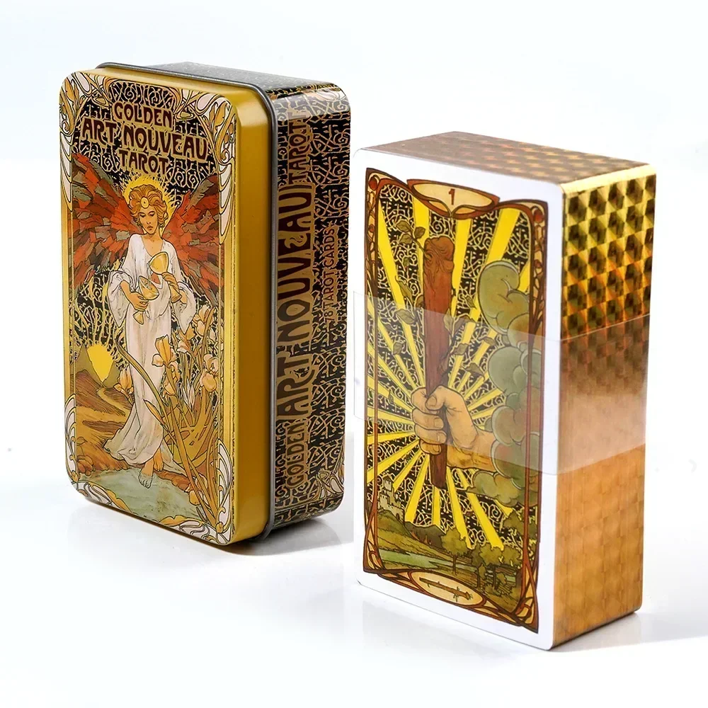 10.3*6 cm Golden Art Nouveau Tarot in A Tin Box with Guidebook 78Pcs Board Game