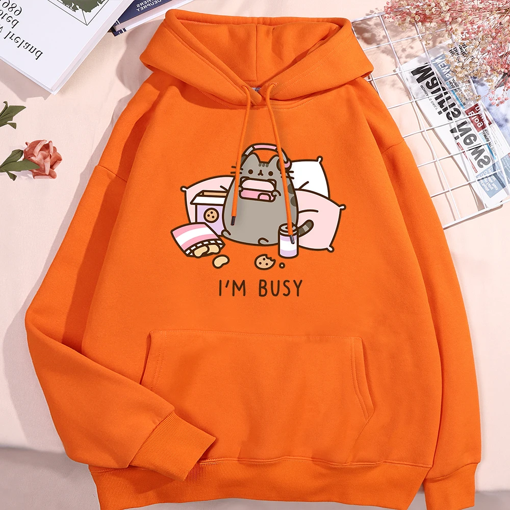 Sorry I'M Busy Cat Playing Games With Headphones Hoody Men Women Fashion Oversize Hoodies Cute Pullovers Crewneck Fleece Hoody