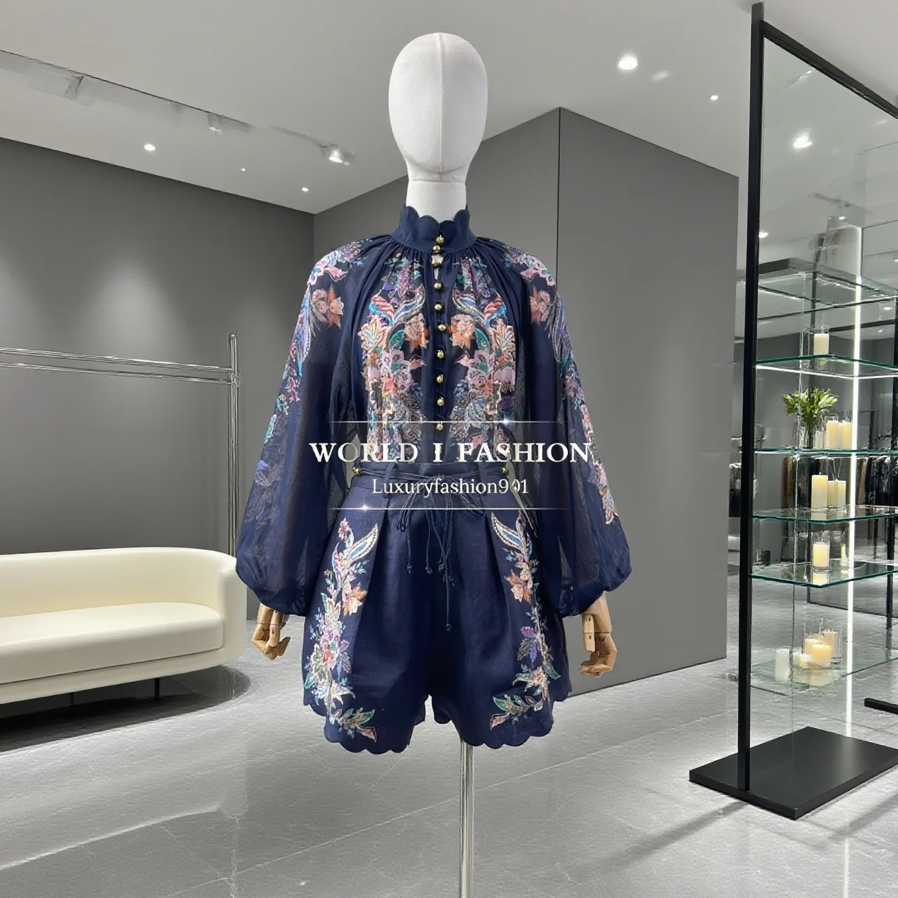 

2025 Navy Blue Paisley Print Long Sleeve Half High Collar Blouse Tops and Shorts Set