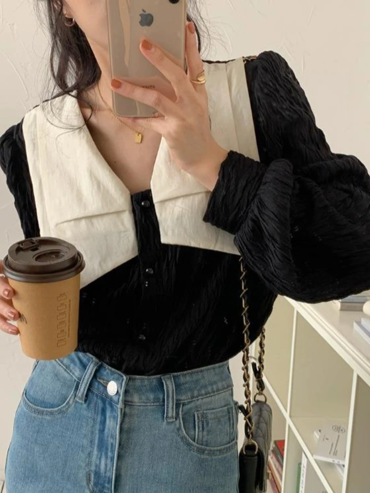 Blouse Women Korean Style Chic New Design Personality Autumn Stylish Girls Simple Patchwork Bow Retro Loose All-match Daily Cozy