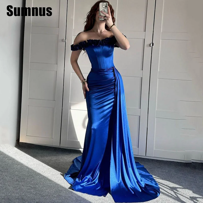 

SUMNUS Blue Satin Off The Shoulder Evening Prom Gowns Side Split Sweetheart Sleeveless Party Dresses Mermaid Dress Customized