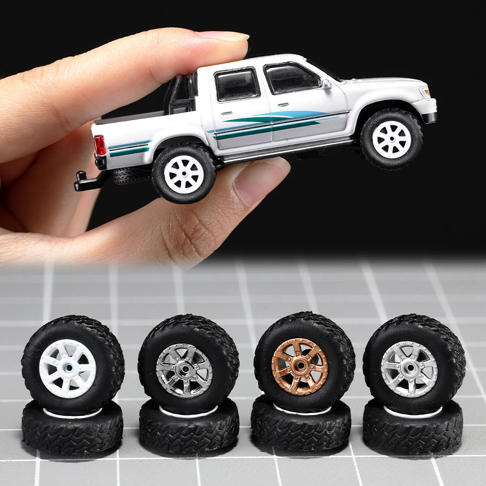 1:64 4 sets All-terrain Tires Model Car Wheels with Rubber Tire Rivet Axle Diameter 13mm Refitting Parts For Hot Wheels Model