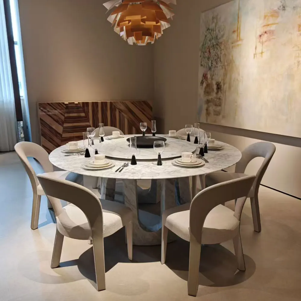 

Modern Apartment Dining Room Furniture Nature Round Design Calacatta Blue Marble Table Set for 6 Movable Top Daily Use