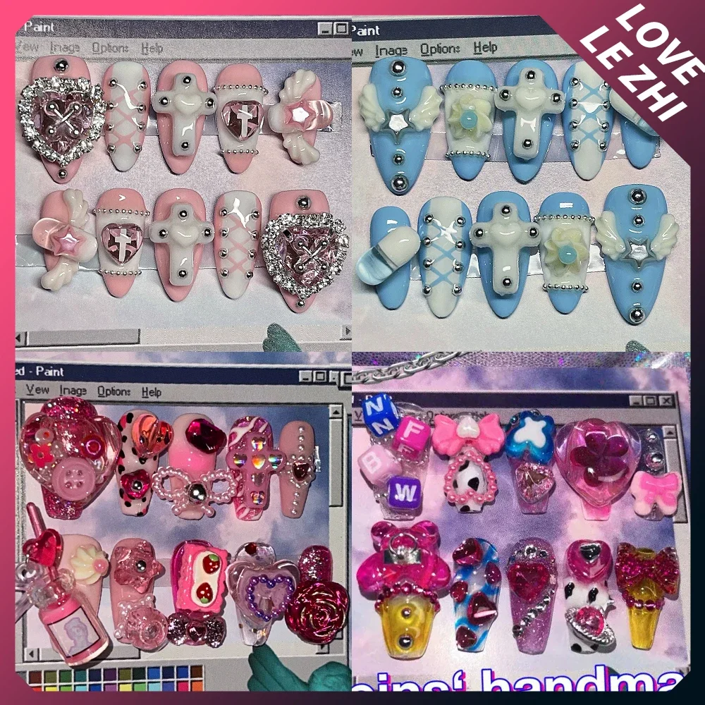 

Y2K Cartoon Rabbit Handmade Coffin Almond Press On Nails Wing Rhinestone Cat Eyes Pearl Bowknot Fruit Cake Reusable False Nail