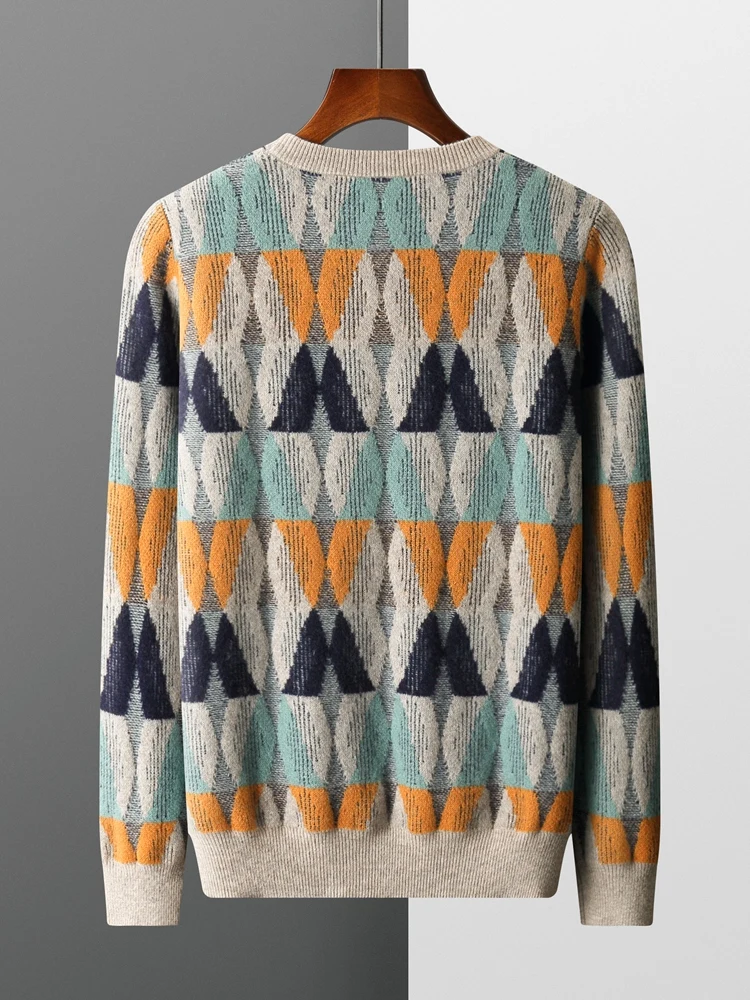 New Men's 100% Merino Wool Knitwear O-neck Thick Jacquard Vintage Diamond Sweater Wool Pullover Autumn Winter Knit Comfy Sweater